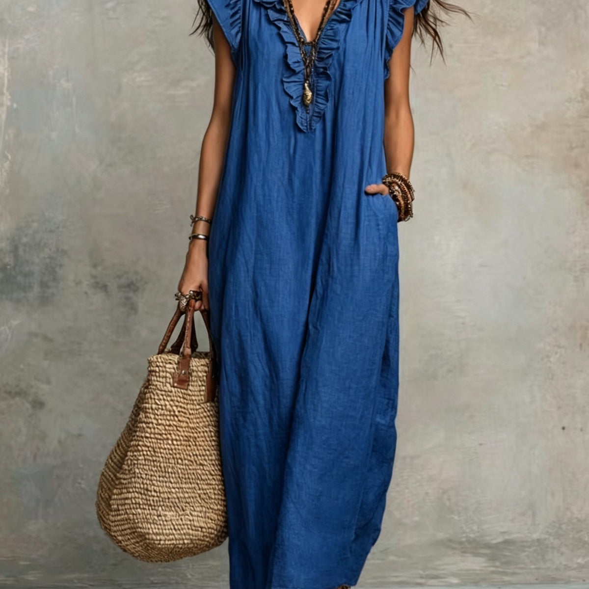 Philippa | Blue Linen Maxi Dress