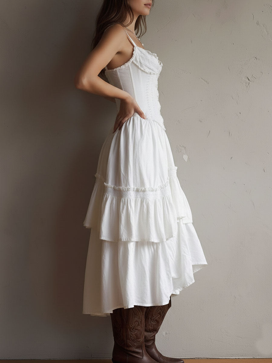 Delphine | White Corset Tiered Maxi Dress