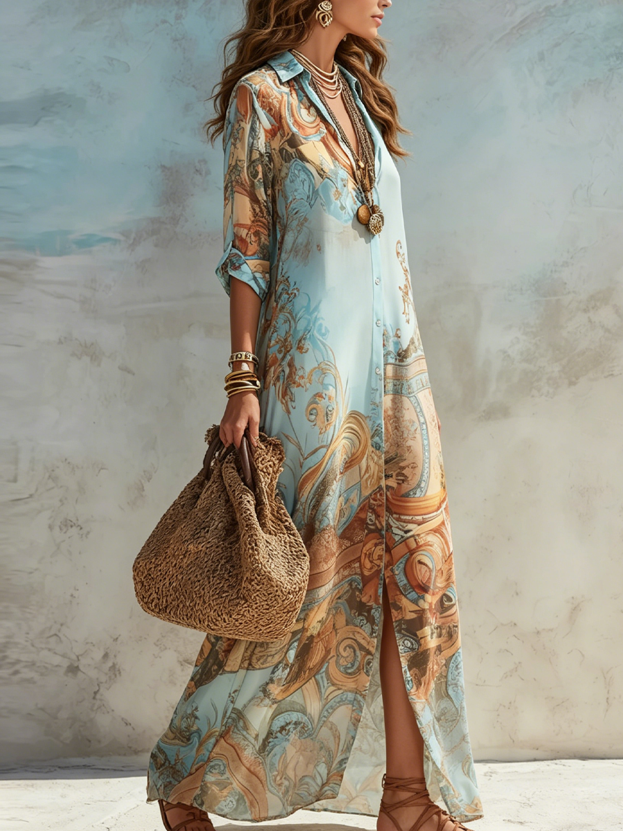 Wilhelmina | Blue Chiffon Long Sleeve Maxi Dress