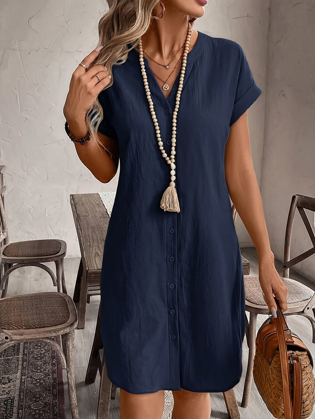 Eleanora | Navy Button-Front Midi Dress