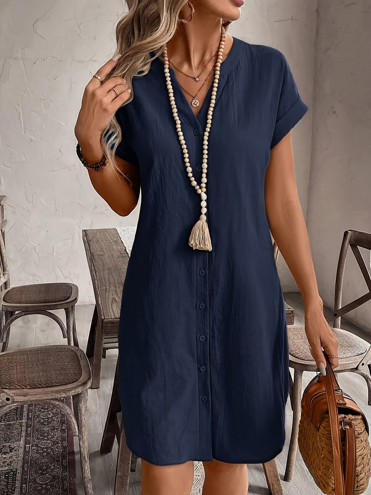 Eleanora | Navy Button-Front Midi Dress