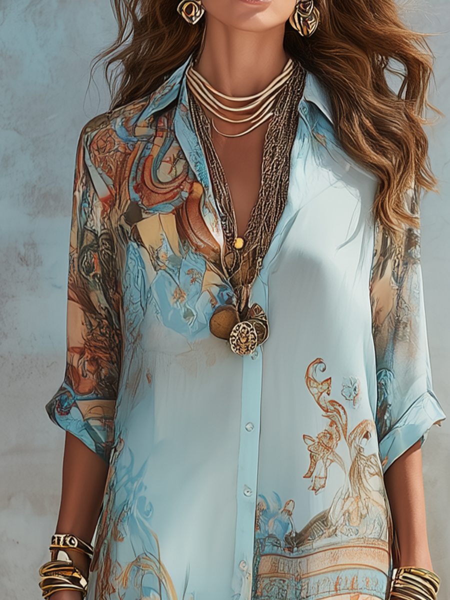 Wilhelmina | Blue Chiffon Long Sleeve Maxi Dress