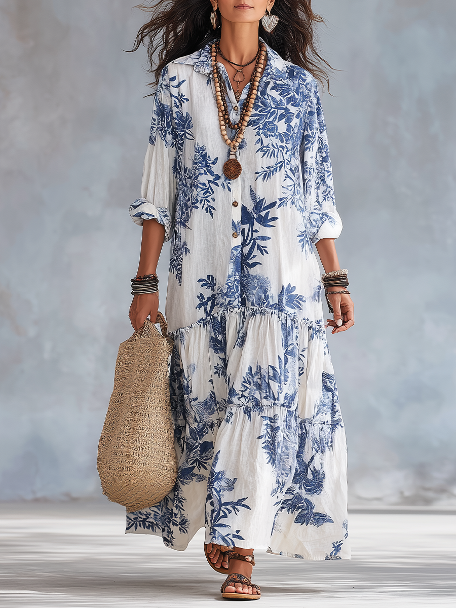 Winifred | Blue Floral Long Sleeve Maxi Dress