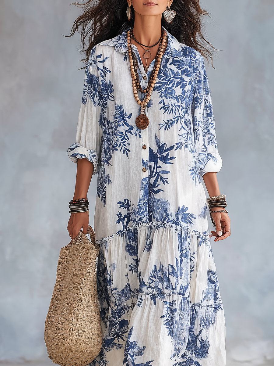 Winifred | Blue Floral Long Sleeve Maxi Dress