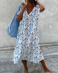 Serphine | Blue Leaf Print Midi Dress