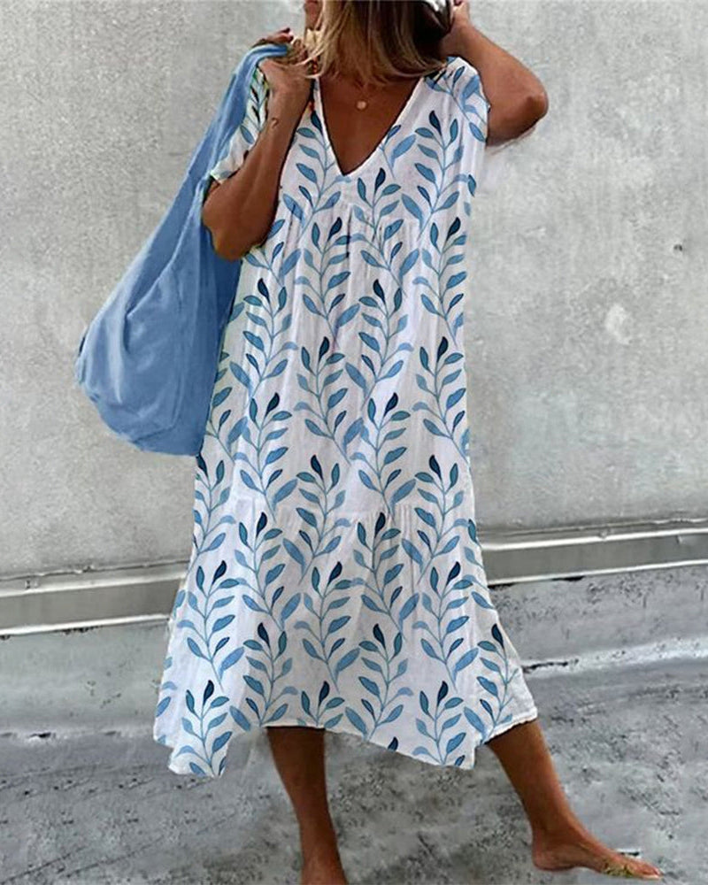 Serphine | Blue Leaf Print Midi Dress