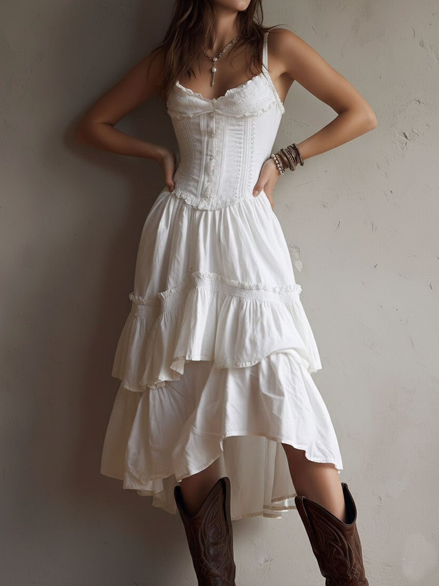 Delphine | White Corset Tiered Maxi Dress