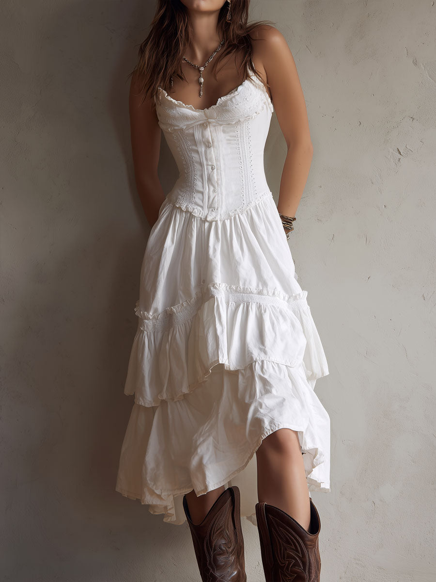 Delphine | White Corset Tiered Maxi Dress