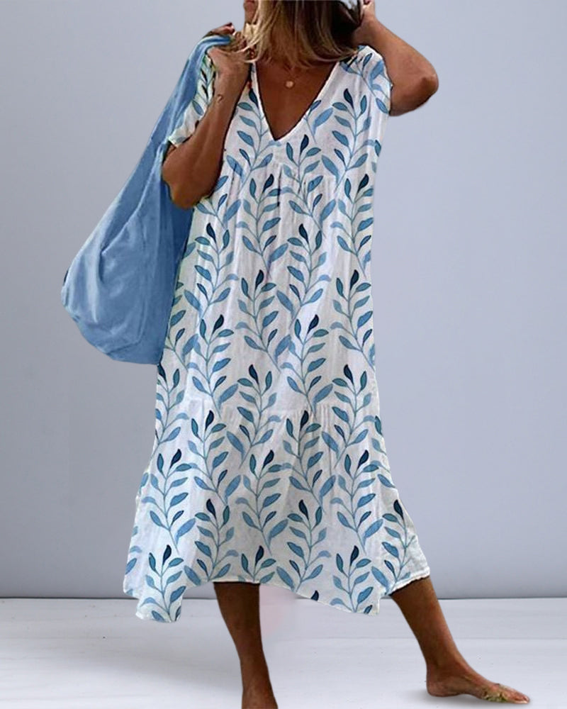 Serphine | Blue Leaf Print Midi Dress