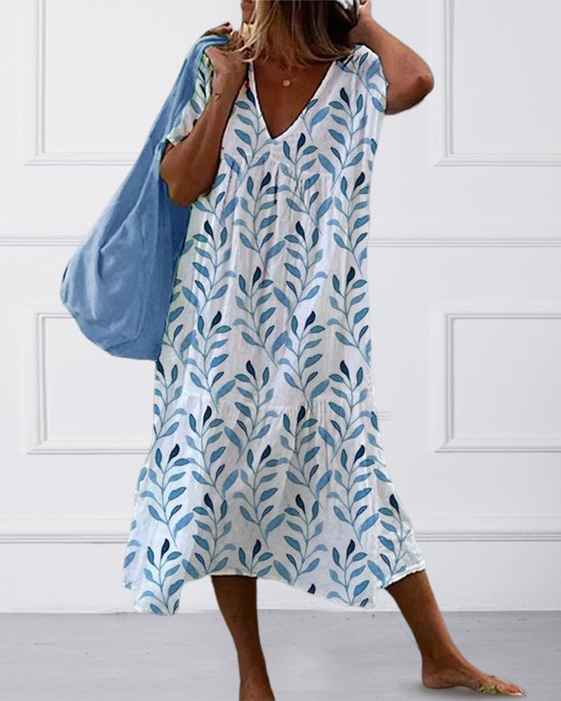 Serphine | Blue Leaf Print Midi Dress