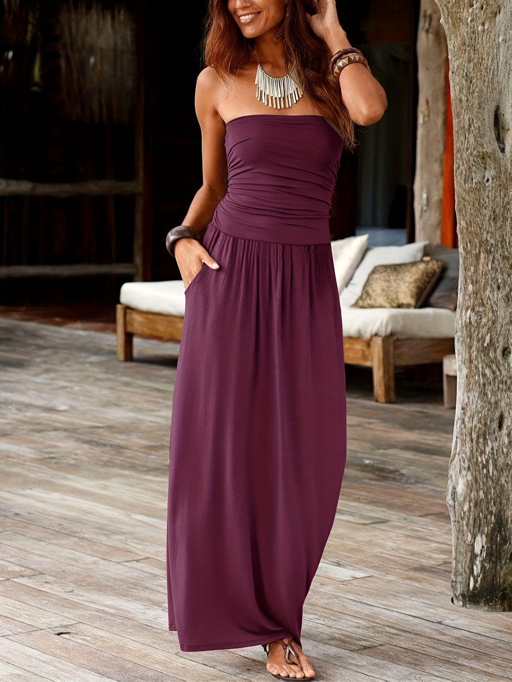 Evangeline | Burgundy Bandeau Maxi Dress