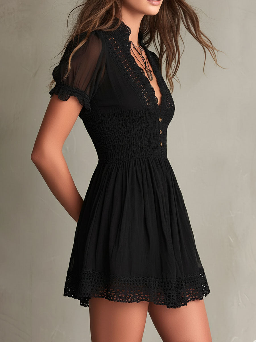 Bridget | Black Lace Smocked Mini Dress