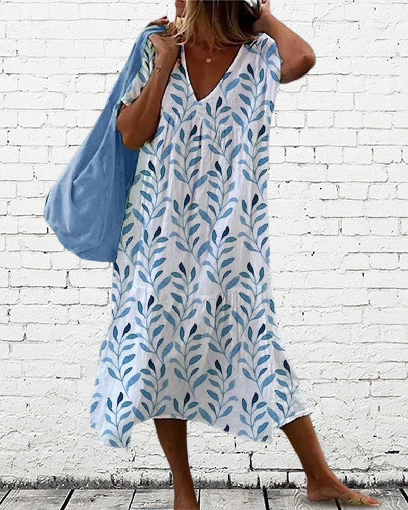 Serphine | Blue Leaf Print Midi Dress