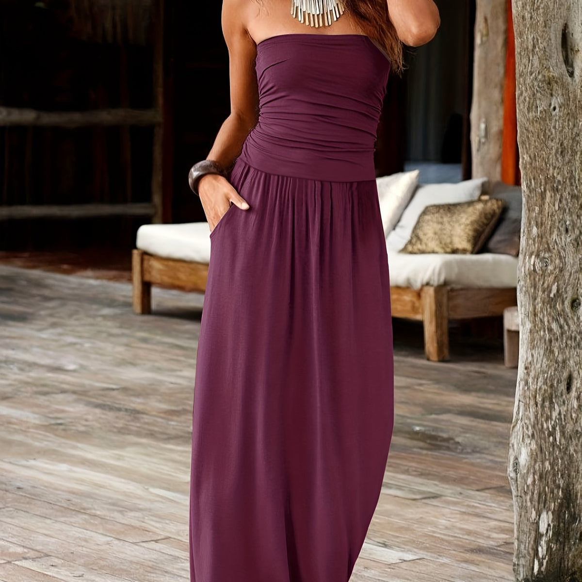 Evangeline | Burgundy Bandeau Maxi Dress
