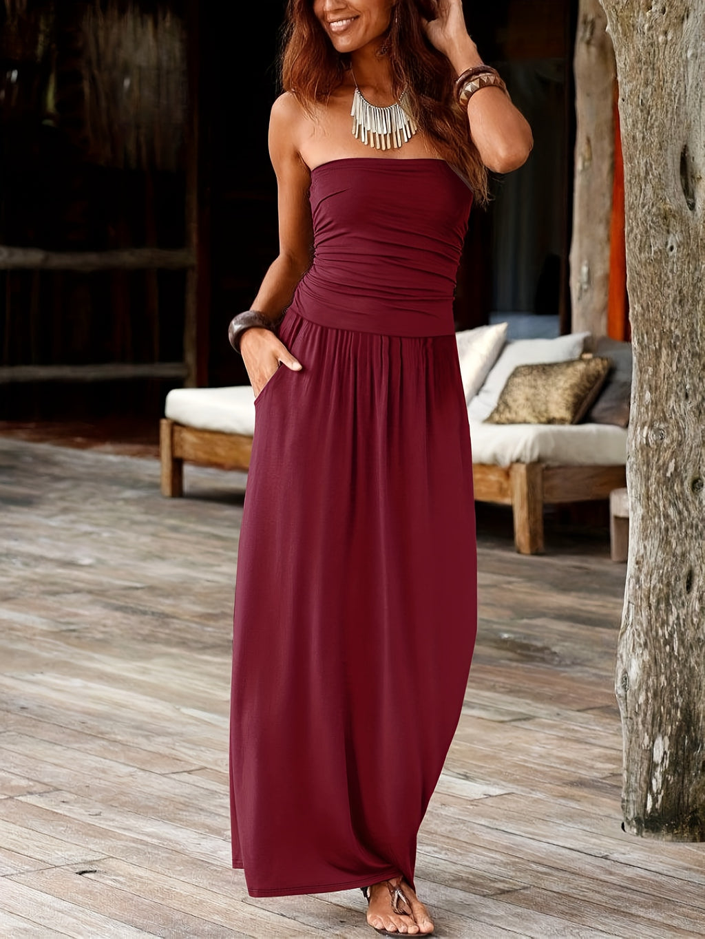 Evangeline | Burgundy Bandeau Maxi Dress