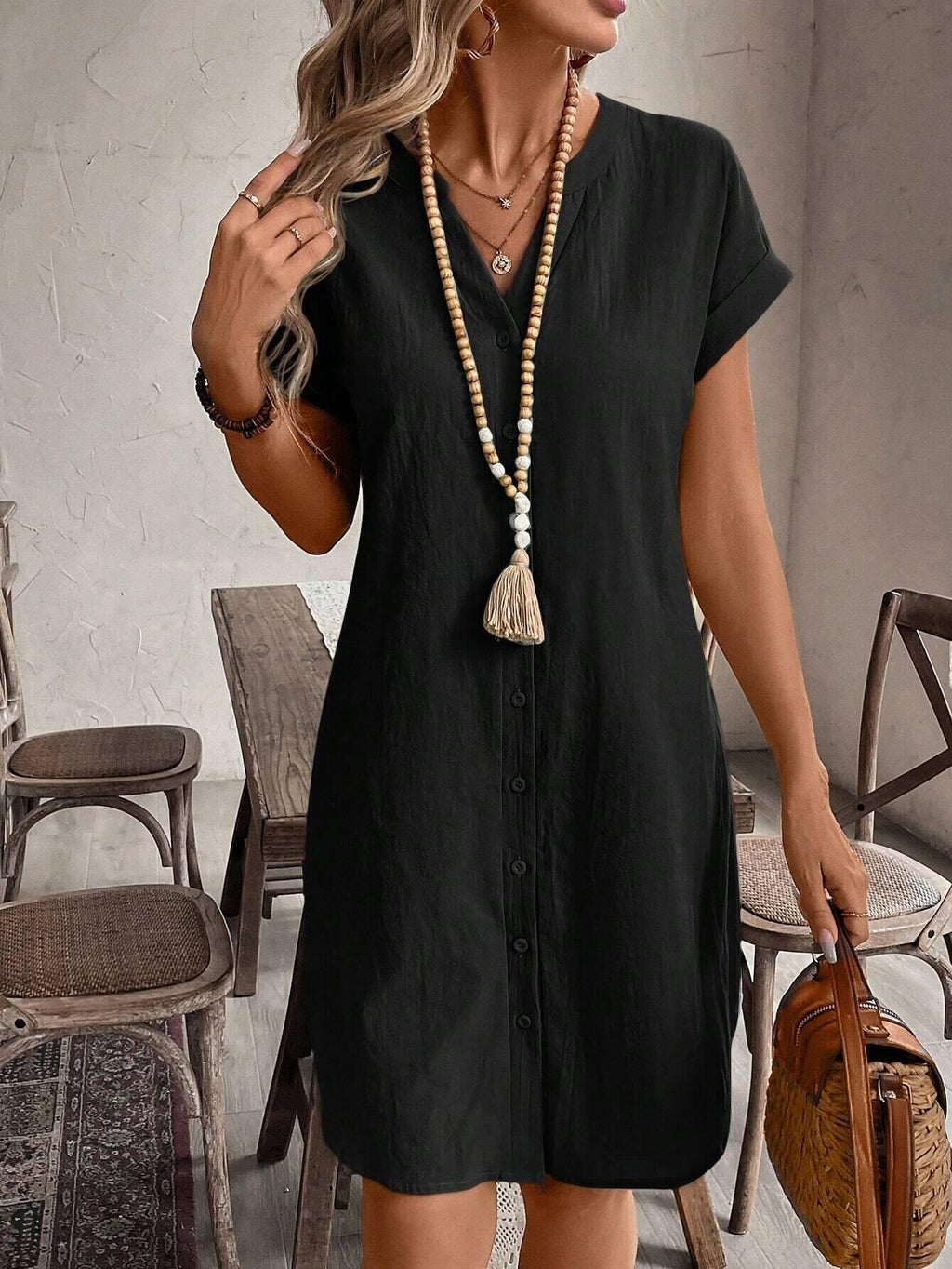 Eleanora | Navy Button-Front Midi Dress