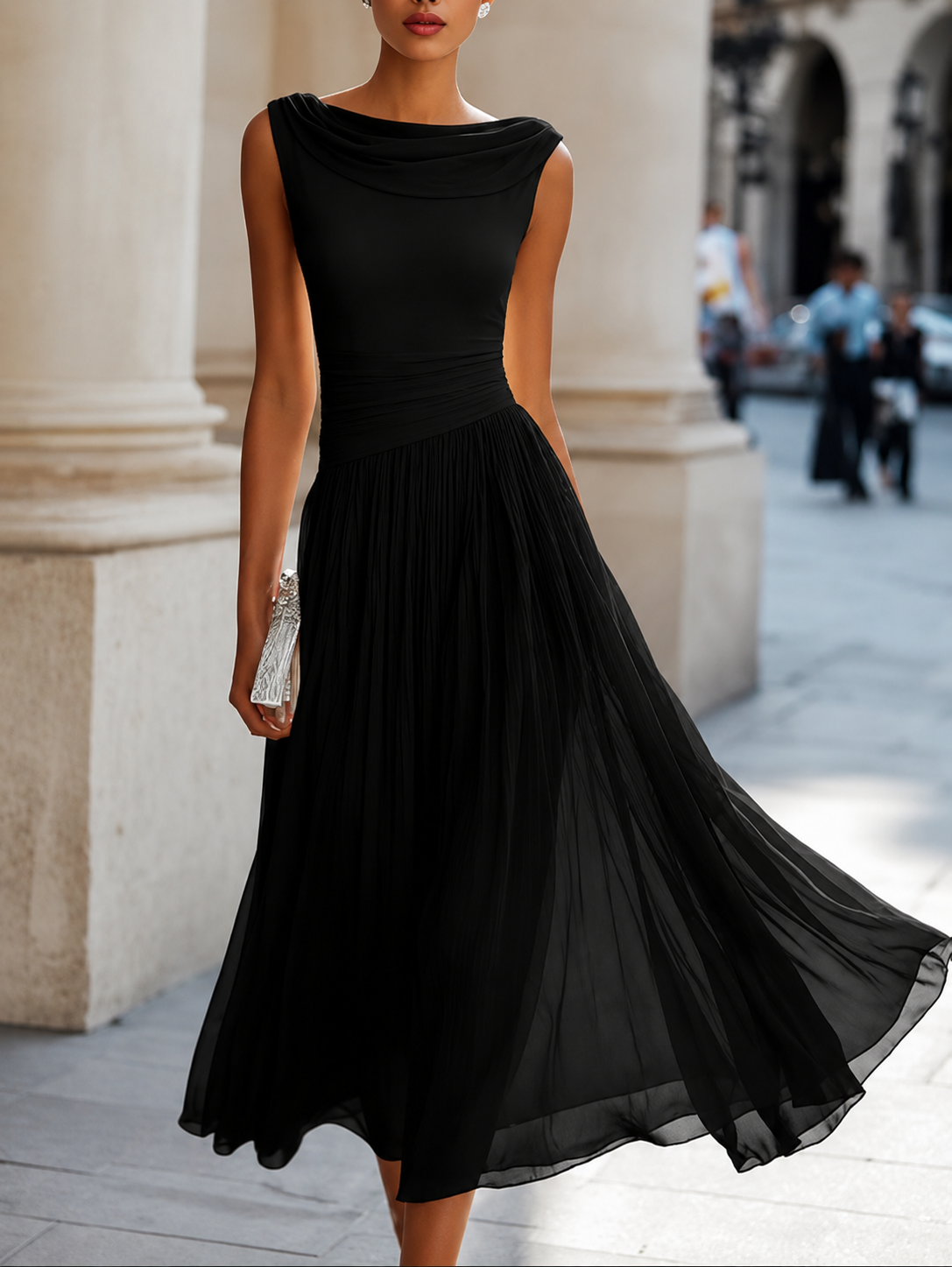 Zinnia | Beige Pleated Chiffon Maxi Dress