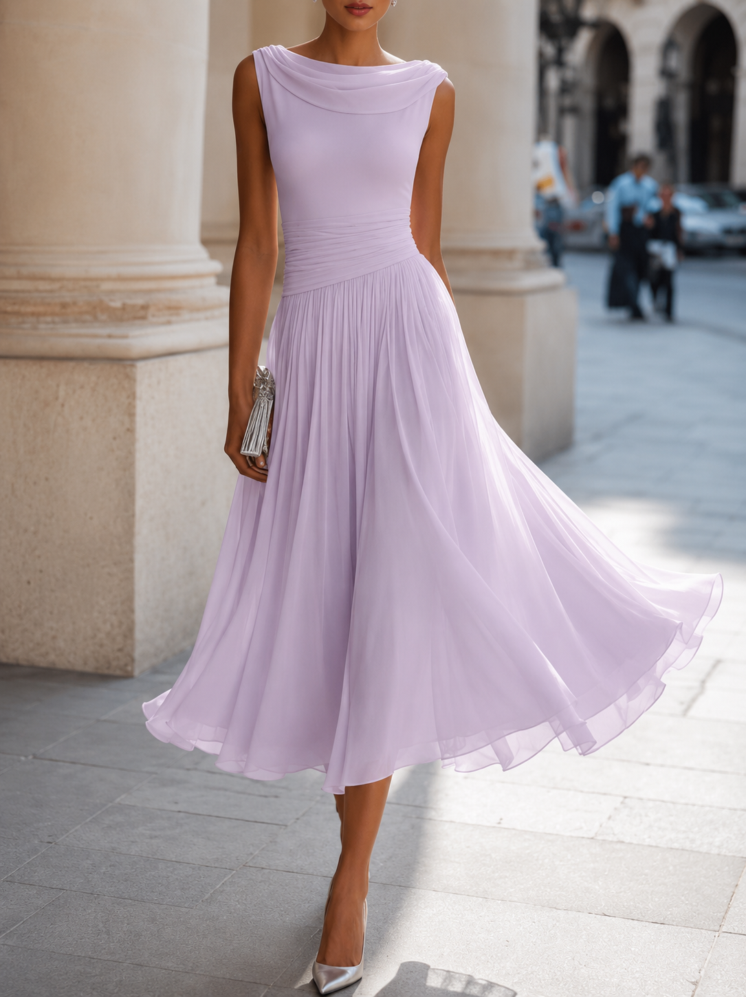 Zinnia | Beige Pleated Chiffon Maxi Dress