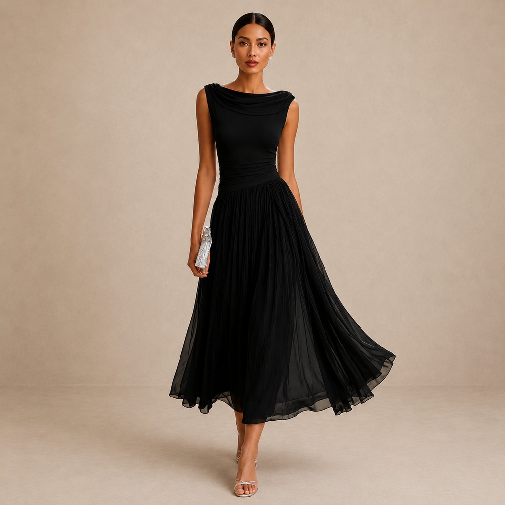 Zinnia | Beige Pleated Chiffon Maxi Dress