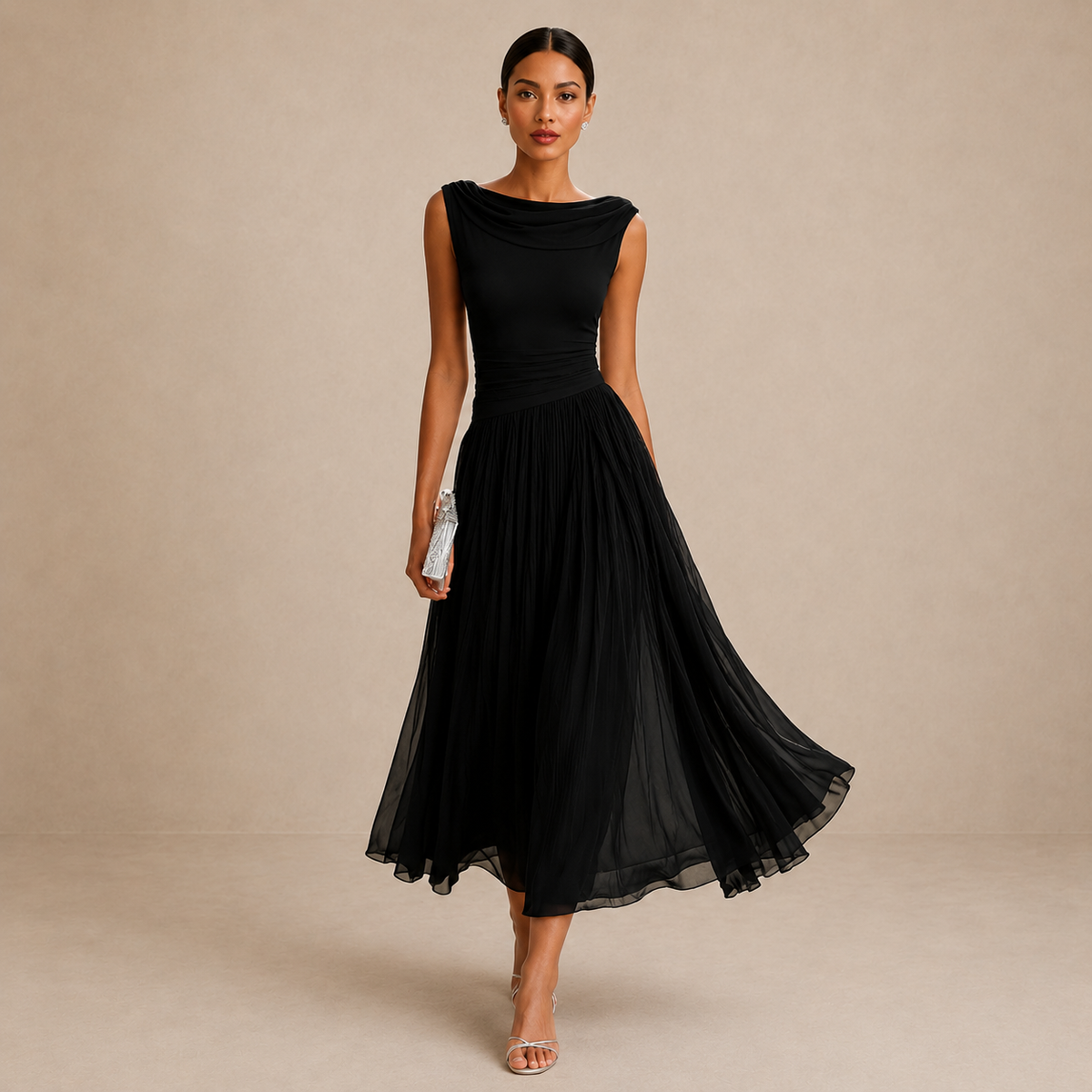 Zinnia | Beige Pleated Chiffon Maxi Dress