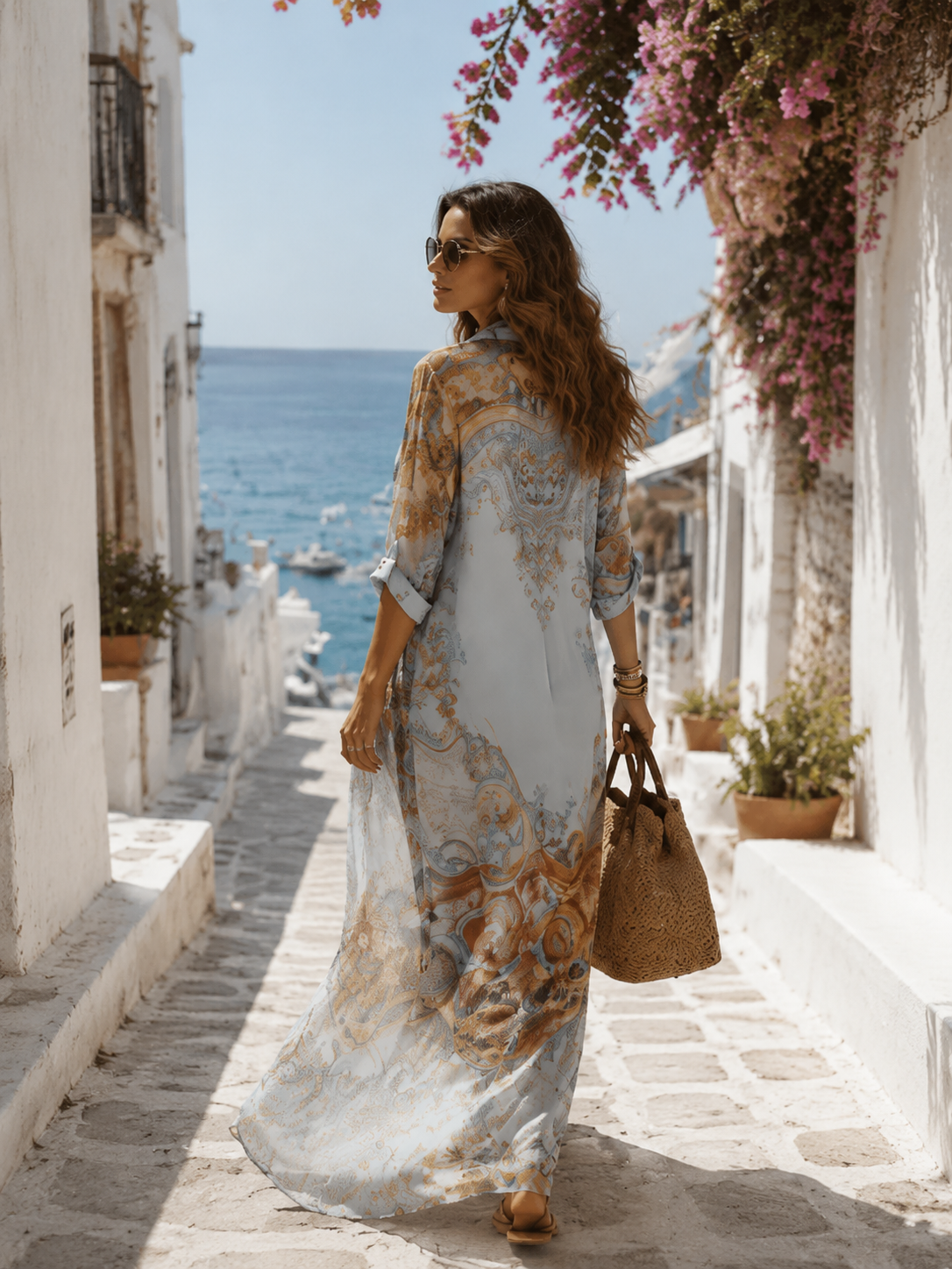 Wilhelmina | Blue Chiffon Long Sleeve Maxi Dress