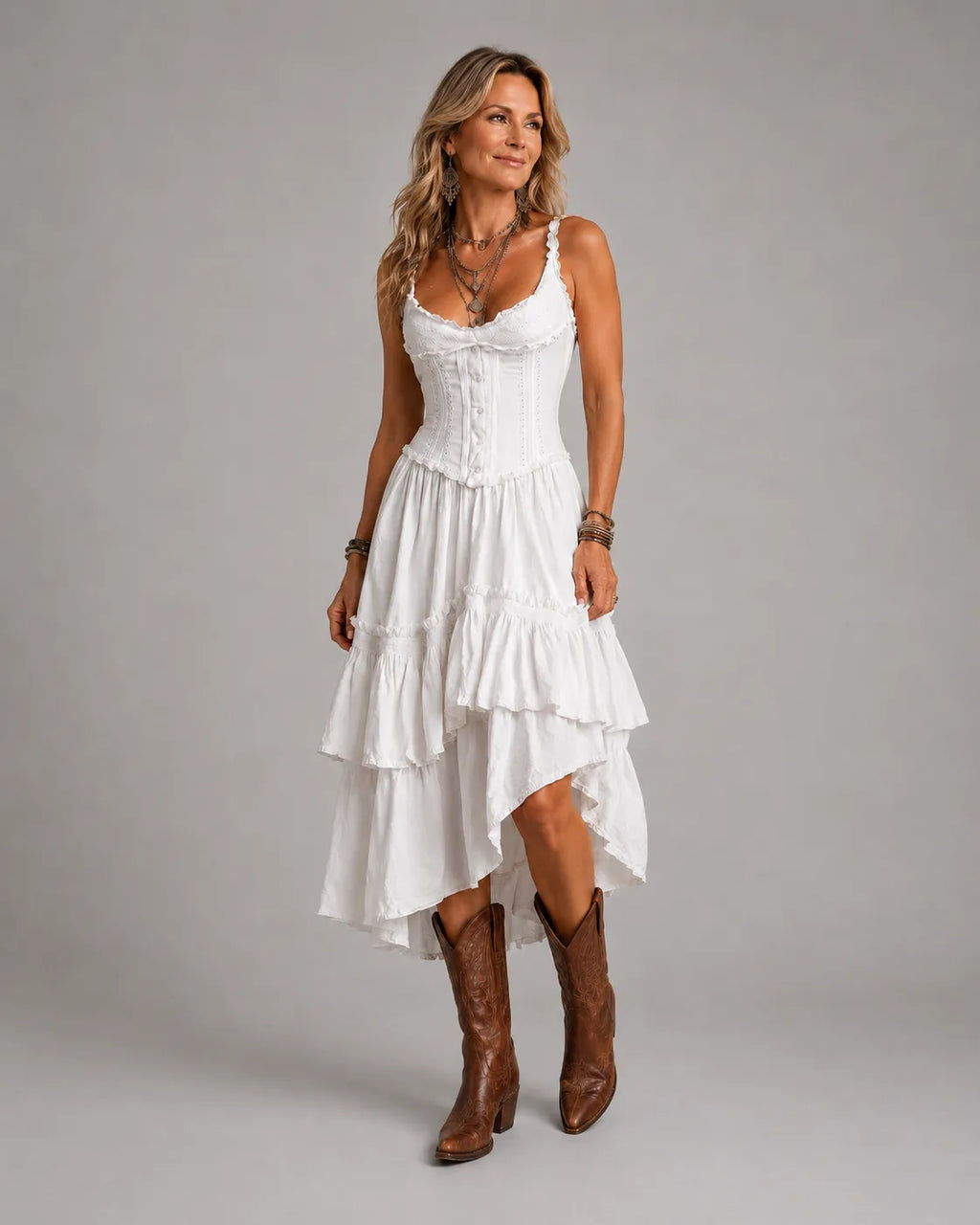 Delphine | White Corset Tiered Maxi Dress