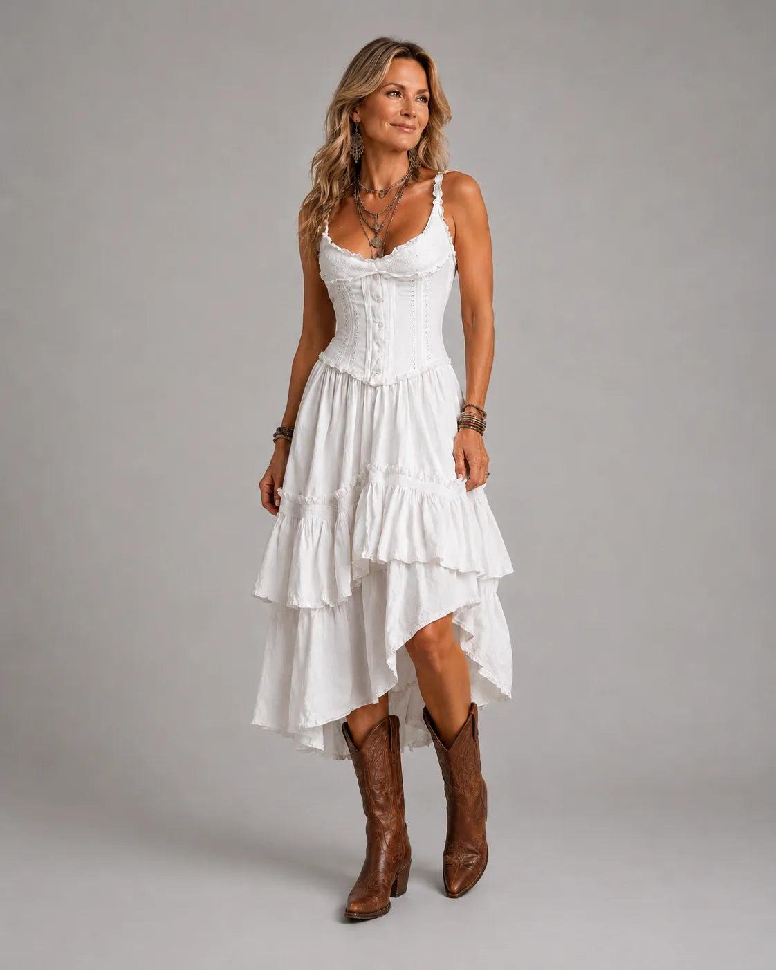 Delphine | White Corset Tiered Maxi Dress