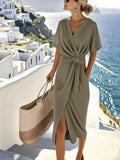 Esme | Taupe Twist-Front Wrap Midi Dress