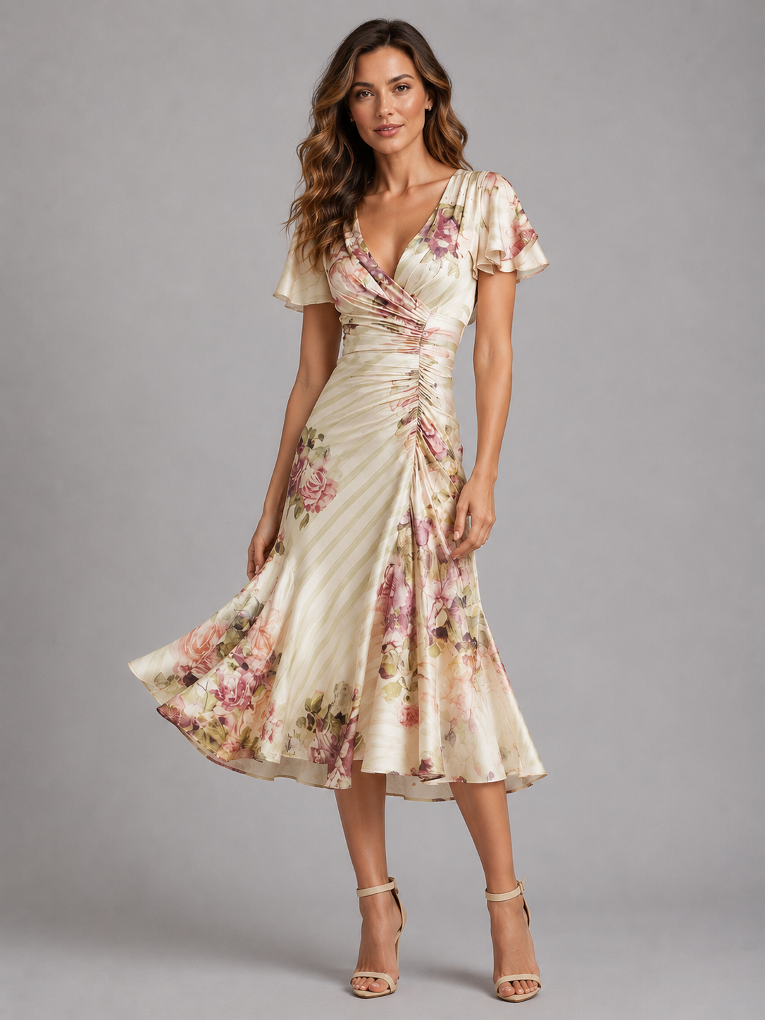 Rosalie | Floral Satin Ruched Midi Dress
