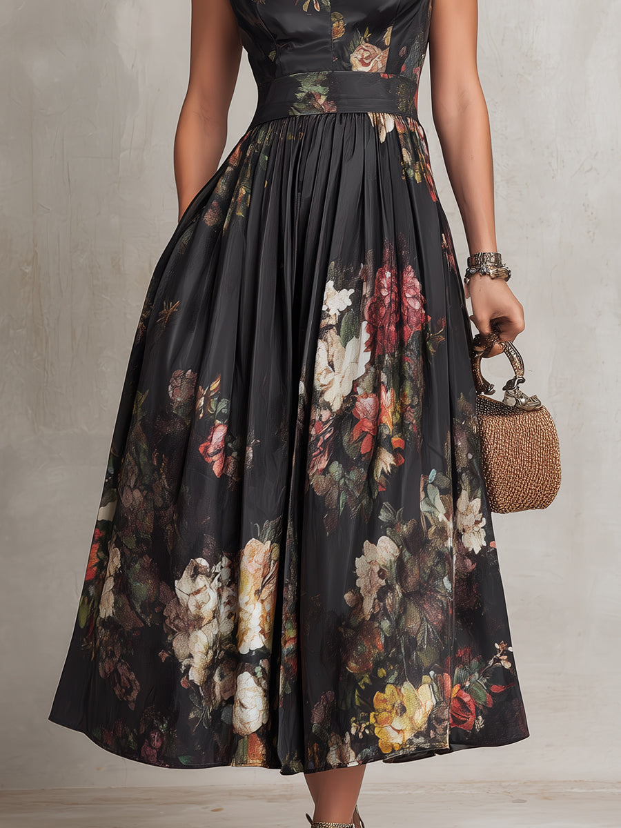 Yolanda | Black Satin Keyhole Midi Dress