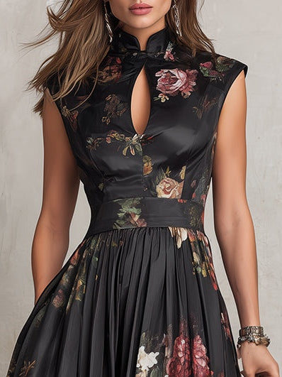 Yolanda | Black Satin Keyhole Midi Dress