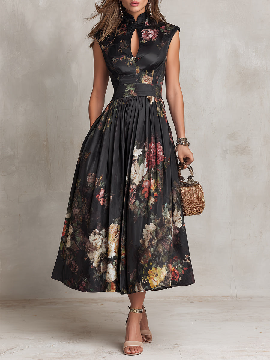 Yolanda | Black Satin Keyhole Midi Dress