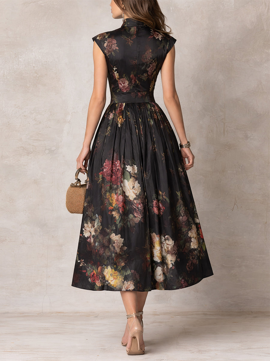 Yolanda | Black Satin Keyhole Midi Dress