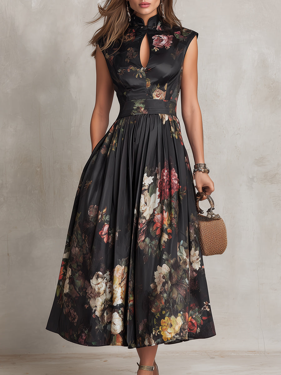 Yolanda | Black Satin Keyhole Midi Dress