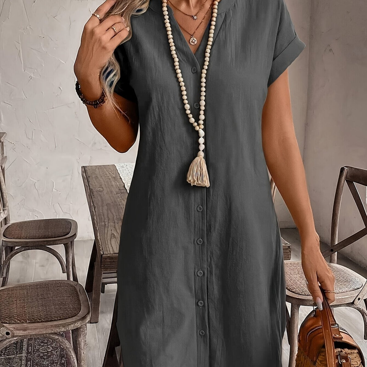 Eleanora | Navy Button-Front Midi Dress