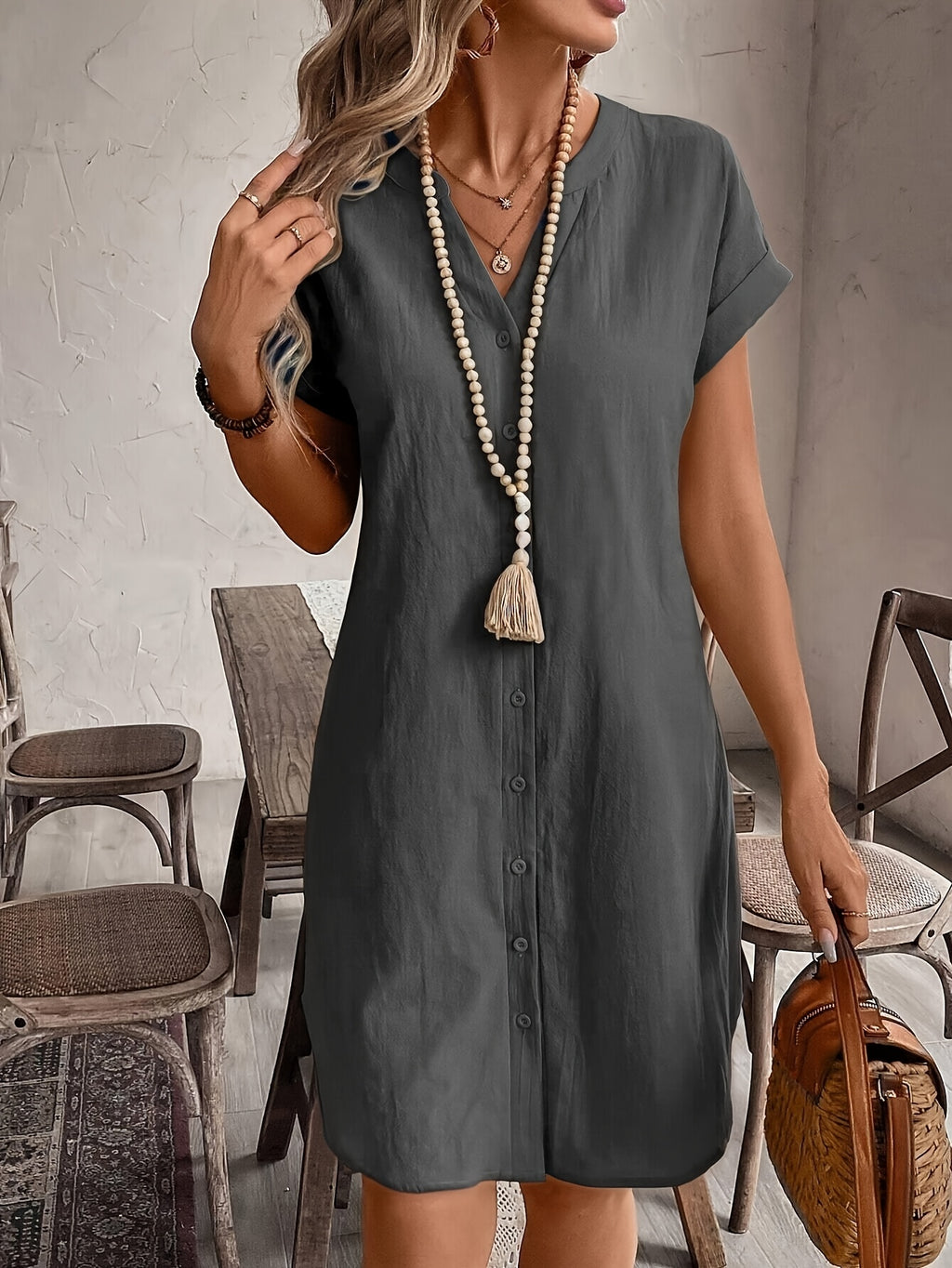Eleanora | Navy Button-Front Midi Dress