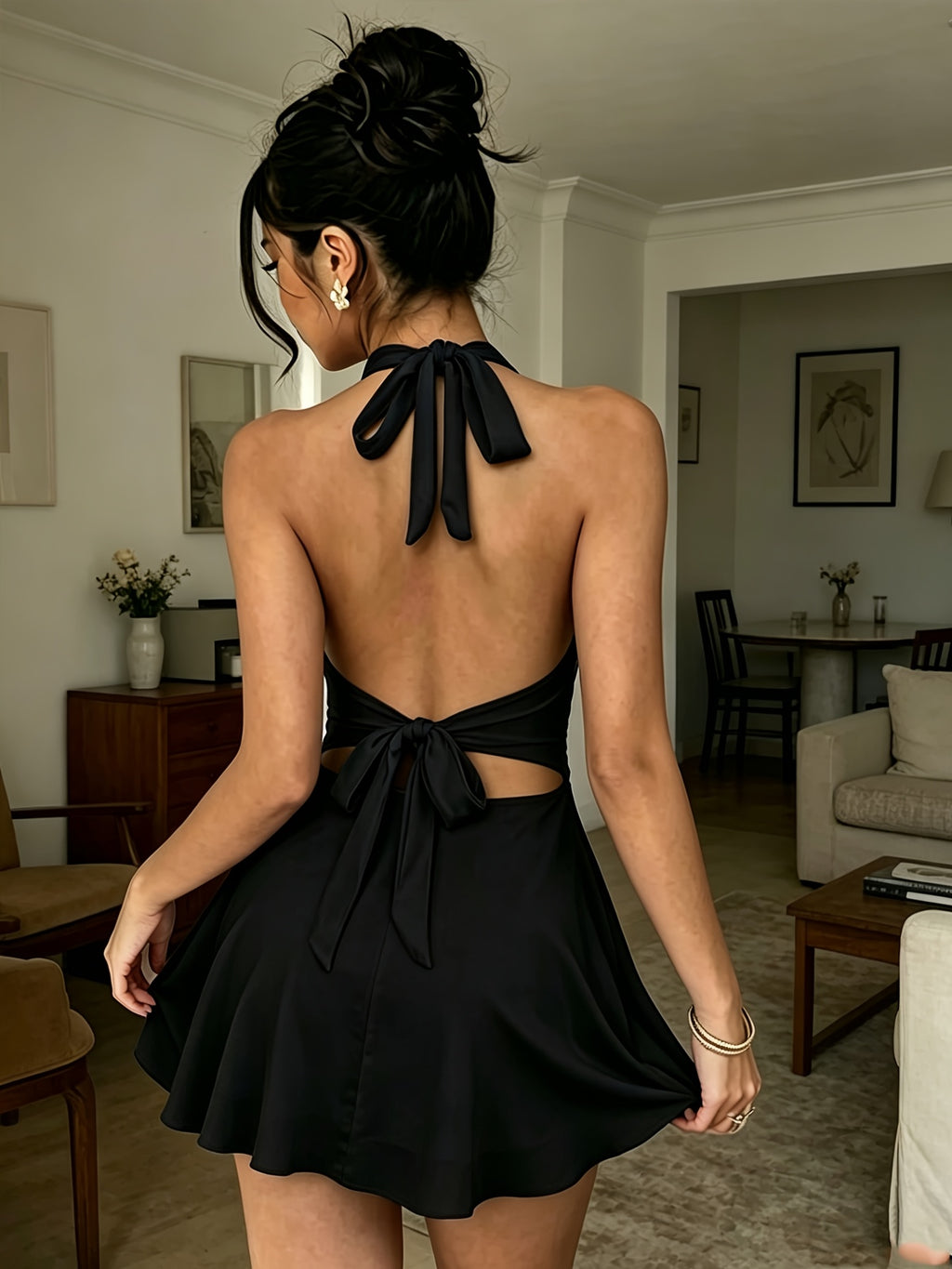 Sylvie | Black Pleated Halter Mini Dress
