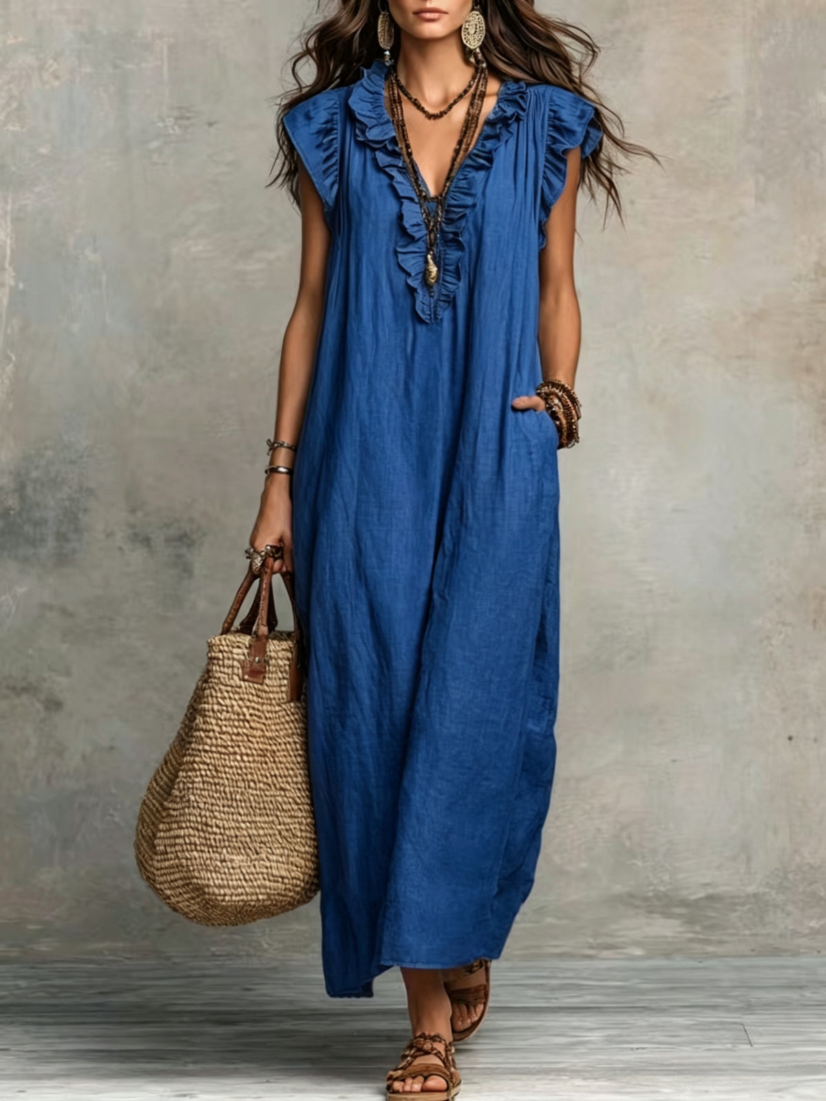 Philippa | Blue Linen Maxi Dress