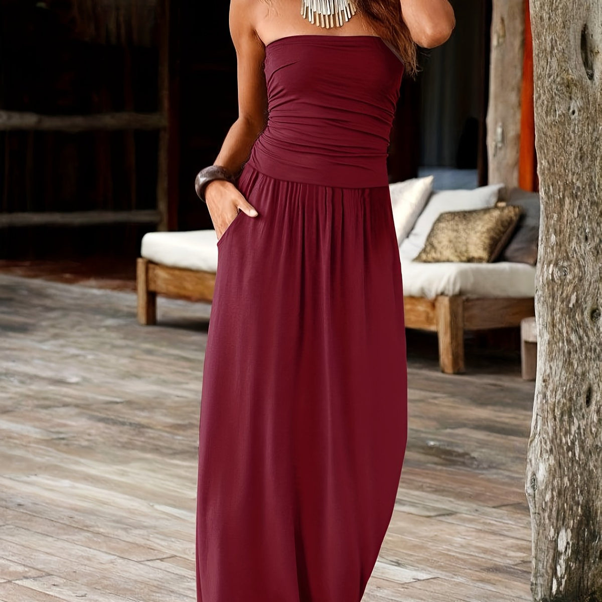 Evangeline | Burgundy Bandeau Maxi Dress