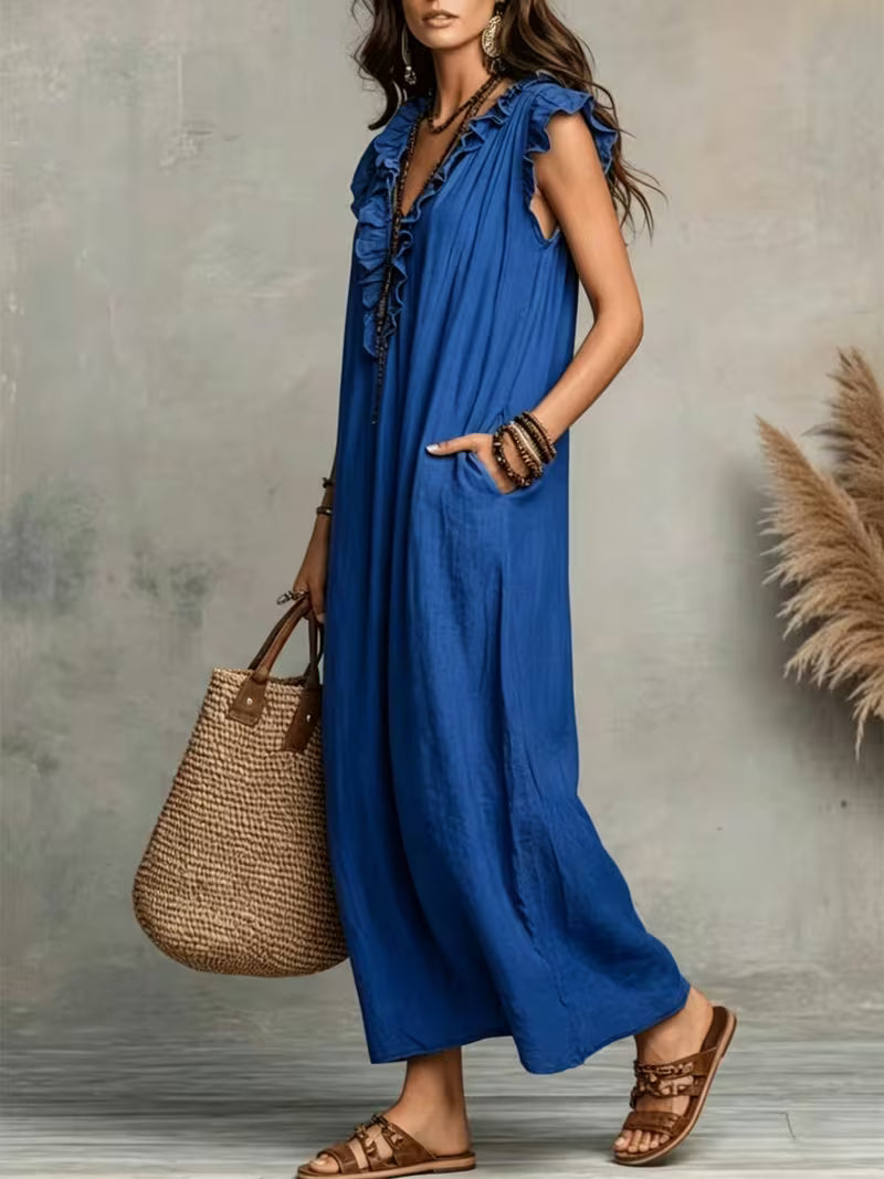 Philippa | Blue Linen Maxi Dress
