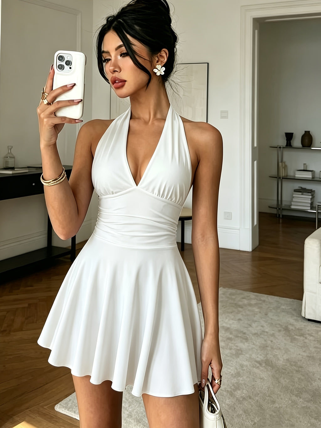 Sylvie | Black Pleated Halter Mini Dress
