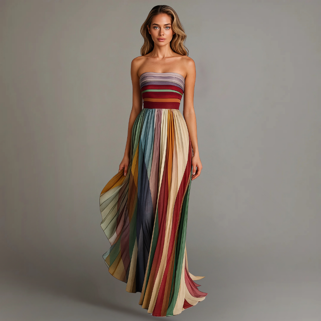 Leontine | Rainbow Stripe Strapless Maxi Dress