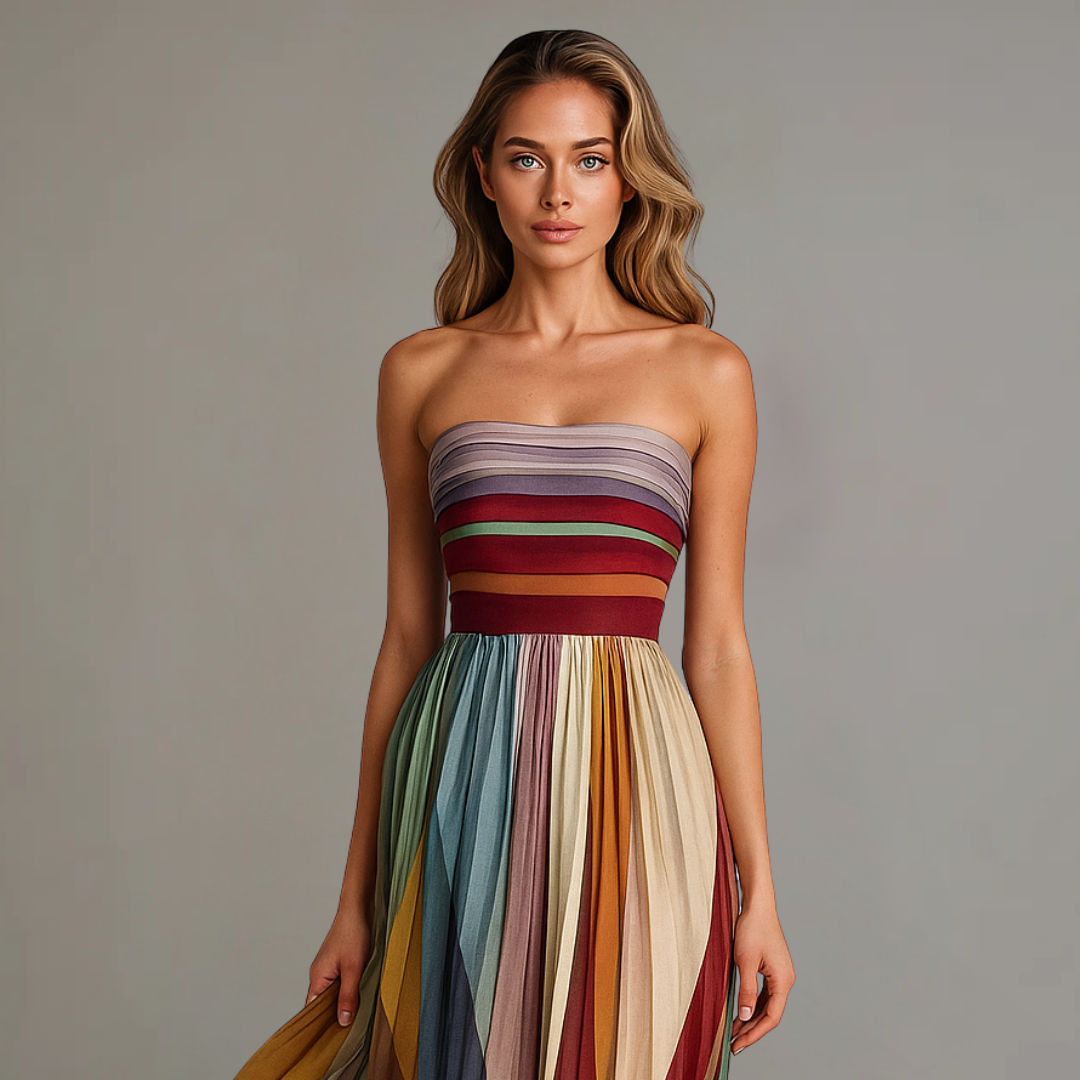 Leontine | Rainbow Stripe Strapless Maxi Dress