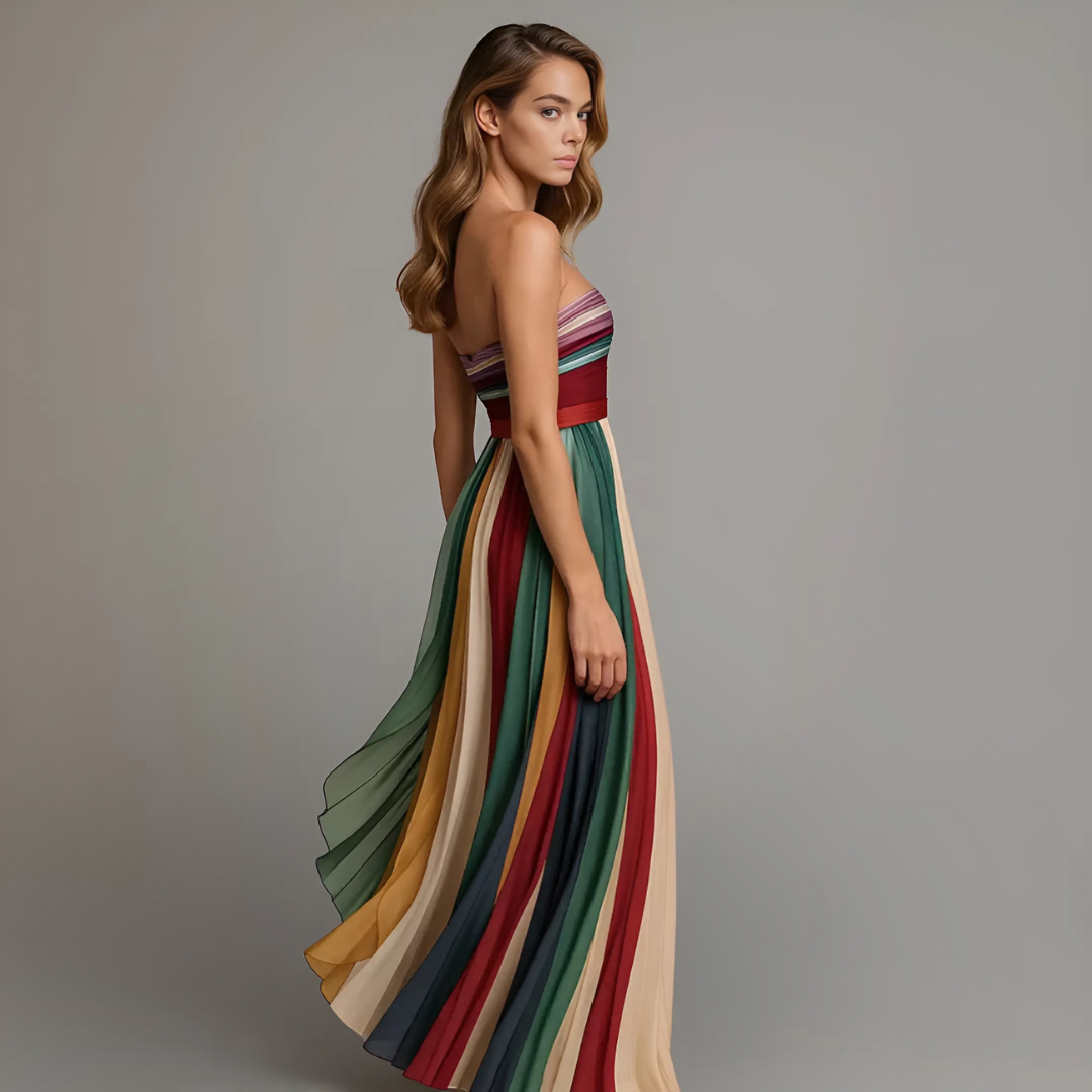 Leontine | Rainbow Stripe Strapless Maxi Dress