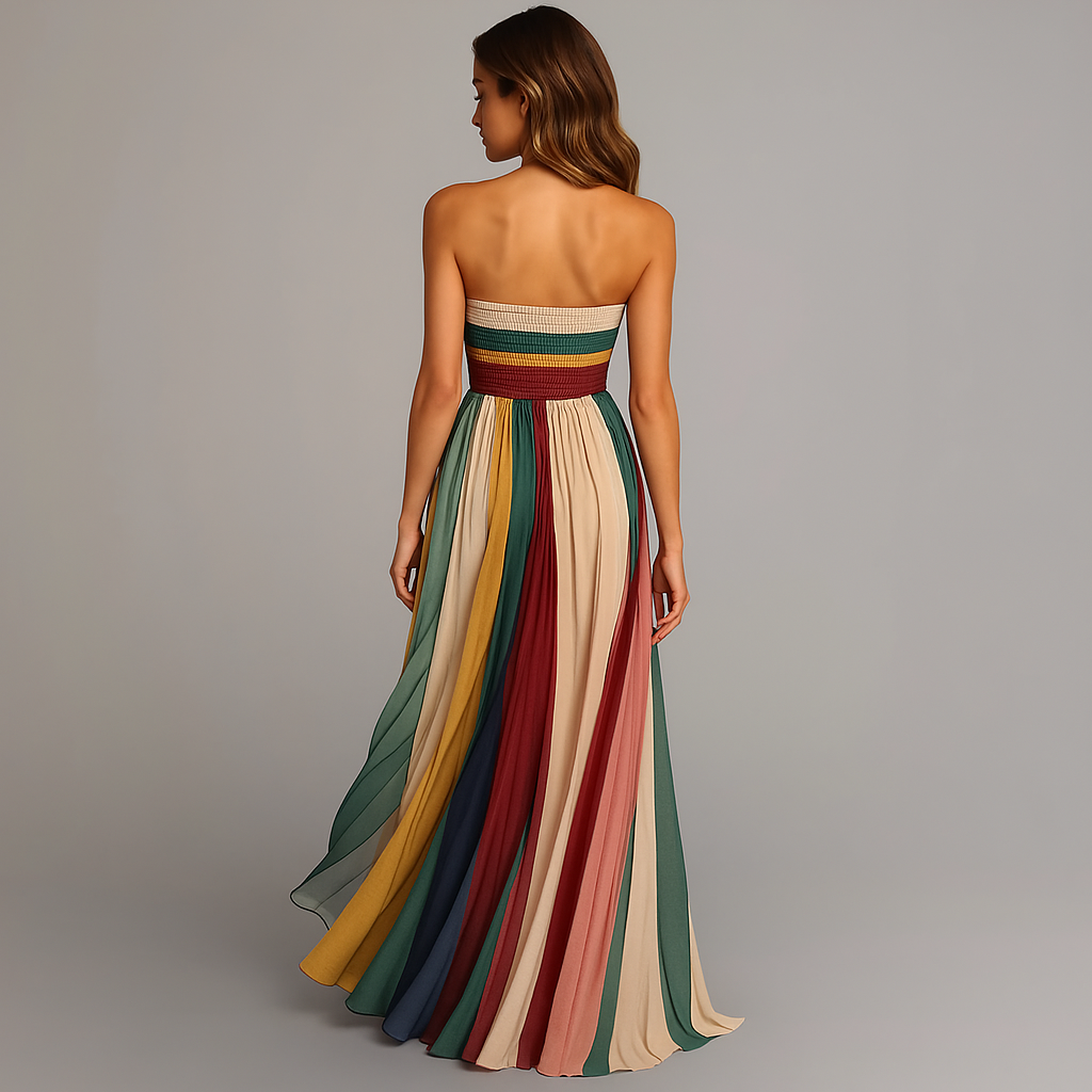 Leontine | Rainbow Stripe Strapless Maxi Dress