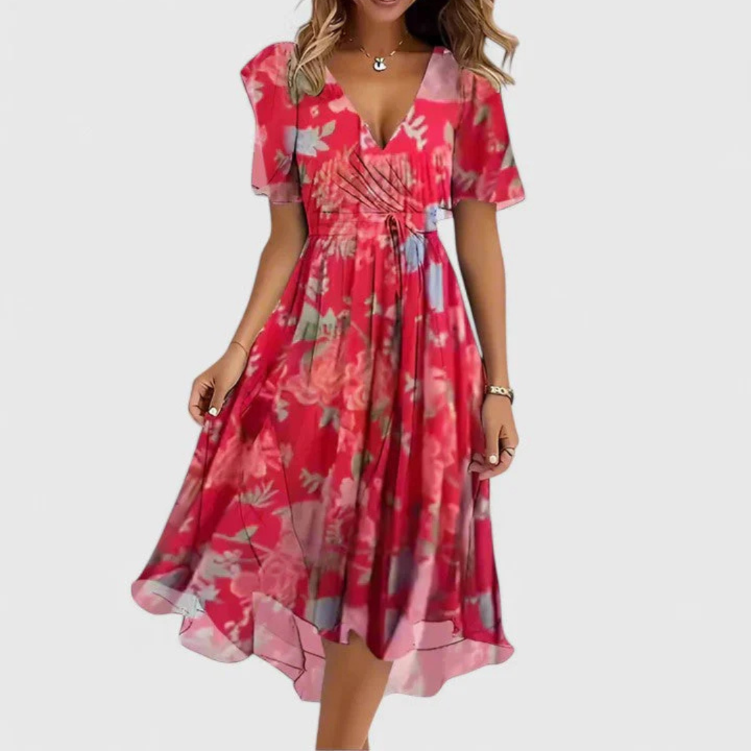 Noor | Pink Floral V-Neck Midi Dress