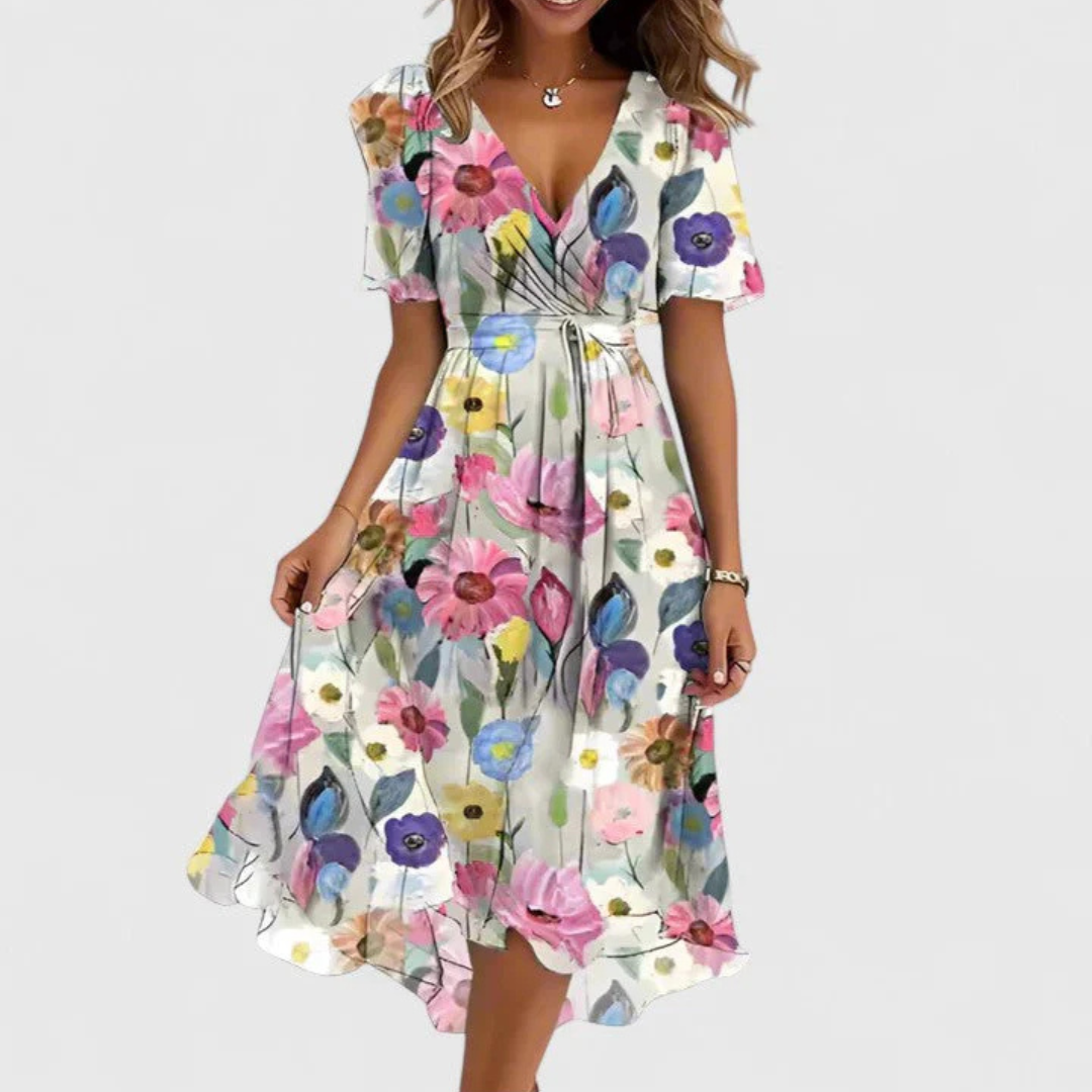 Noor | Pink Floral V-Neck Midi Dress