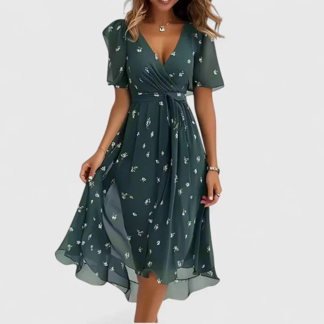 Noor | Pink Floral V-Neck Midi Dress