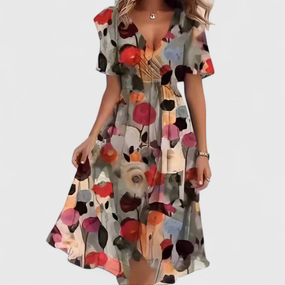 Noor | Pink Floral V-Neck Midi Dress