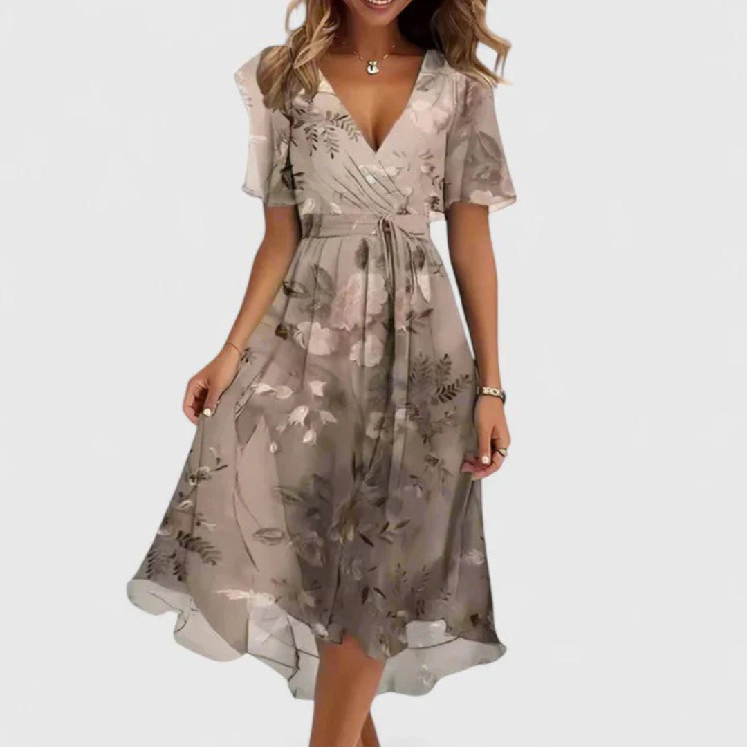 Noor | Pink Floral V-Neck Midi Dress